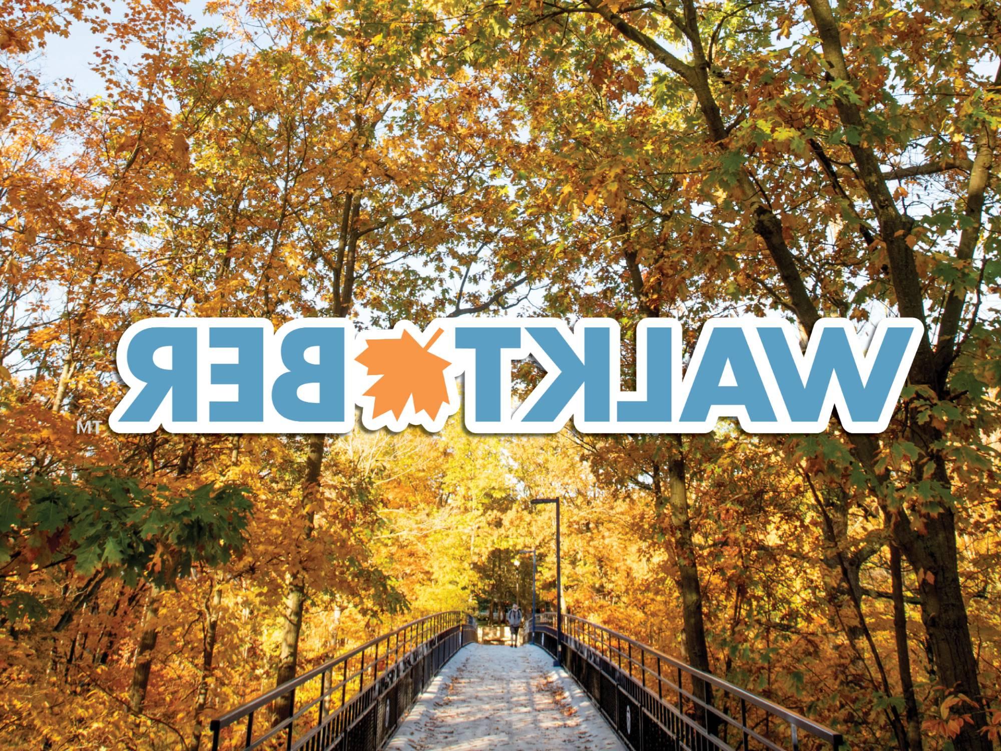 Fall leaves over the blue bridge on the Allendale Campus, with the "Walktober" logo over the image